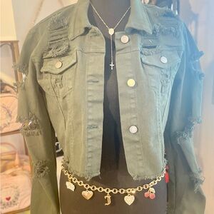 American Bazi Green Jean Jacket Cropped Casual